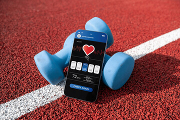 Health app. Smart phone screen with fitness health or sport gym mobile application on dumbbell...