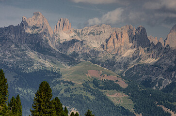 Panoramic view of the entire Catinaccio/Rosengarten mountain massif as seen from Buffaure mountain,...