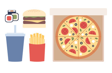 Fast food icons. Set meals pizza, burger, sushi, french fries, beverage. Vector flat illustration 