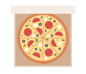 Pizza in open cardboard box icon. Pizza with tomate, olives, basil, cheese top view. Delivery food. Vector flat illustration 
