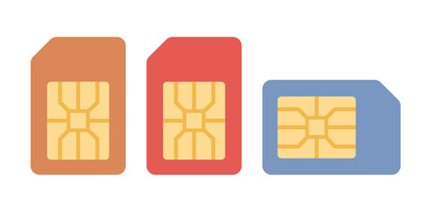 SIM card icons. Technologies of mobile and wireless communication. Network chip electronic connection. Vector flat illustration 

