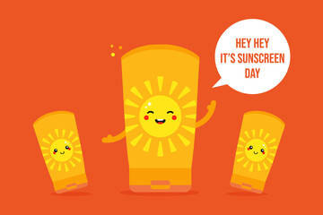 National Sunscreen Day vector greeting card, illustration with cute cartoon style sunscreen tubes with speech bubble. May 27.
