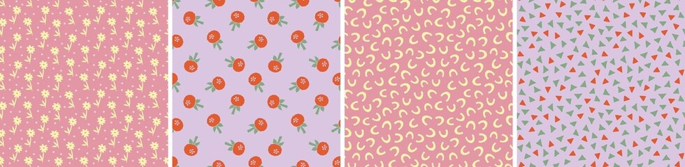 Collection of cute botanical seamless patterns. Spring summer abstract illustrations. Simple shape flowers. Vector set for fabric, textiles, wrapping