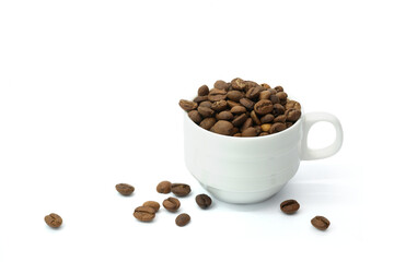 Coffee beans in coffee cup isolated on white background.