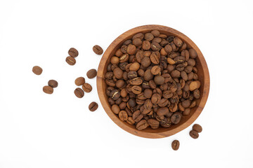 Coffee beans in wooden bowl isolated on white background