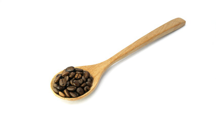 Coffee beans on wooden spoon isolated on white background