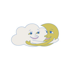 Moon and cloud embrace isolated vector illustration. Cute element for design, cards, cover etc.