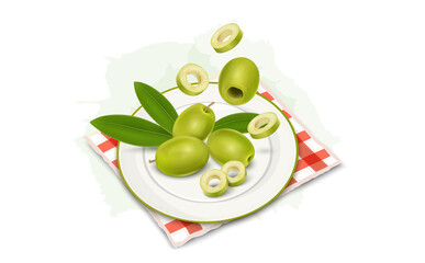 Green Olives with Olive slices vector illustration with green leaves from the top view