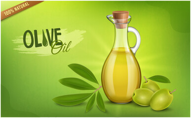 Green Olive fruit vector illustration with Olive Oil bottle on green background