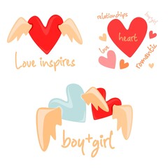 Valentines day. The 14th of February. Cupid and love. Hearts and gifts to loved ones. Set for February 14. Romantic relationships. Gift box. A box with a bow. Passion and tenderness.