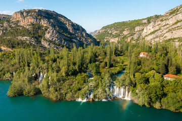 Aerial view of Roski slap waterfall in Krka National Park, Croatia