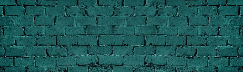 Teal old rough brick wall wide texture. Aged brickwork vintage dark cyan color large background