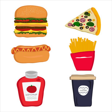 Fast food clipart vector illustration. Burger, Chips, Coffee Cup, Ketchup, Pizza, Hot Dog. Hand-drawn style. 