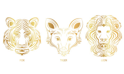 Vector golden logos of lion, tiger and fox. Animal tattoo.