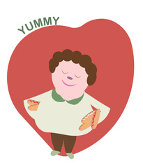 Happy obese child boy with pastry breads vector illustration. Vertical cartoon character design of obesity, overeating, overweight and eating disorder concept.