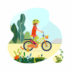 Flat happy girl kid on bicycle on a park road with flowers and leaves. Child riding colorful bike outdoor sport in natural summer landscape by pathway track through green. Vector illustration.