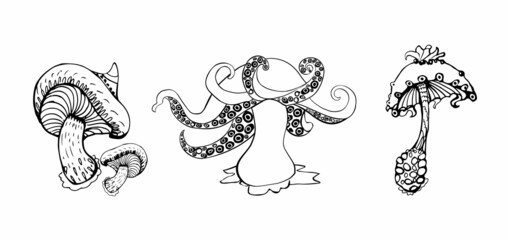 Fantasy decorative set of hand drawn magic mushrooms various shape on white background. Vector illustration