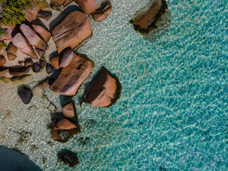Praslin tropical island Seychelles, drone view above st piere island Seychelles Chauve Souris Relais Anse Volbert Beach .Seychelles