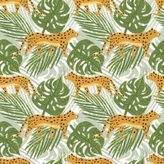 Cute jaguar and tropical leaves seamless pattern. Leopards in rainforest wallpaper. Cheetah and palm leaves endless background. Botanical backdrop.