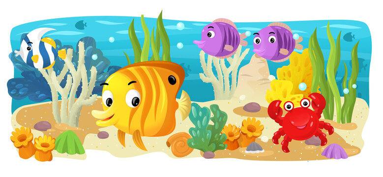 cartoon scene with coral reef fishes illustration
