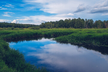 Fototapeta na wymiar Picturesque blue lake summer landscape for outdoors vacation. Blue sky and clouds reflection in clear pond water with lush greenery forest in the background.