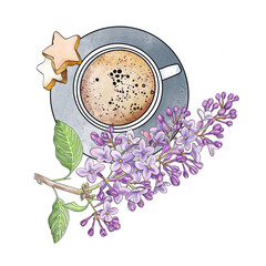 Romantic breakfast: a cup of coffee, cookies, a blooming branch of lilac. Spring still life, drawing for the design of the menu of a restaurant, cafe. Handmade realistic drawing. - 502745536
