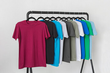 Close up of olorful  t-shirts on hangers for man, apparel background. Variety of colors of mens t-shirts. Gray, black, white, olive, green, blue, burgubdy
