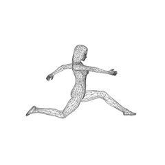 Wireframe of a running girl from black lines isolated on a white background. Side view. 3D. Vector illustration.