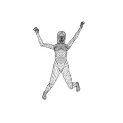 Wireframe of jumping girl with raised hands from black lines isolated on white background. 3D. Vector illustration.