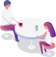 Cozy and relaxing coffee shop with people sit at tables. Customers inside modern cafe. Men and women resting in cafeteria. Friends meeting in coffeehouse. Colleague lunch break. Family in restaurant