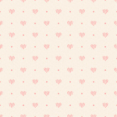 Retro seamless pattern. Pink polka dot and hearts on beige background