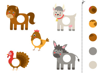 Cut and glue parts of cute cartoon farm animals.