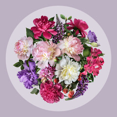 Floral collage isolated on light purple background. Digital art.