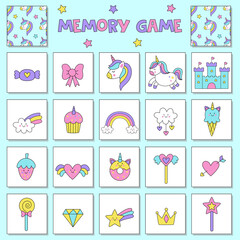 Educational memory game for children, vector cards with cute unicorn elements.