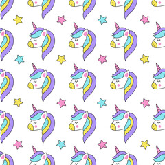 Seamless pattern with cute cartoon unicorn and stars.