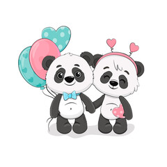Two cute Cartoon Pandas on a white background with heart and balloons.Valentine's day card.Vector