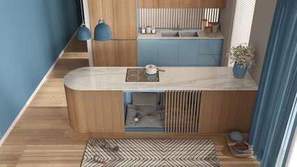 Fototapeta na wymiar Dog friendly wooden and blue kitchen. Dog bed inside furniture with soft pillows and toys, space devoted to pets. Carpet, treat bowl, parquet. Interior design idea, top view, above