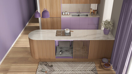 Dog friendly wooden and purple kitchen. Dog bed inside furniture with soft pillows and toys, space devoted to pets. Carpet, treat bowl, parquet. Interior design idea, top view, above