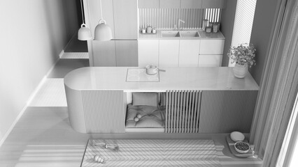 Total white project draft, dog friendly kitchen. Dog bed inside furniture with pillows and toys, space devoted to pets. Carpet, treat bowl, parquet. Interior design, top view, above