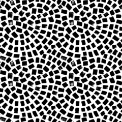 Broken tiles mosaic seamless pattern. Hand drawn black grunge texture with small dashes. Endless rock concrete texture. Terrazzo floor print with swirl. Modern black and white mosaic background. 