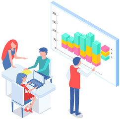 Business people communicating in office discuss statistics, analyze different charts and graphs. Financial accounting concept. Organization process, analytics, planning, report, market analysis