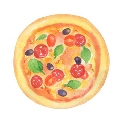 Watercolor hand painted illustration isolated on white. Top view pizza with tomato and olive. Whole Italian pizza