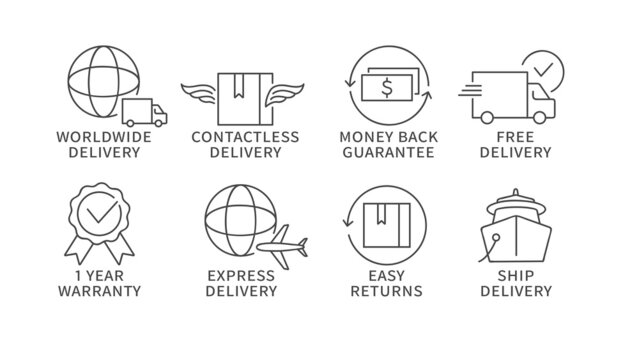 Vector icons or emblems for e-commerce security. Delivery badges set.