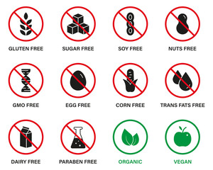 Organic Natural Food for Vegan Symbol. Silhouette Set Black Icon. Sugar, GMO, Dairy, Nitrates, Trans Fat, Sugar, Soy, Sugar, Corn, Milk, Paraben and Gluten Forbidden Sign. Vector Illustration