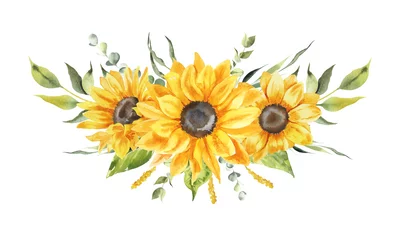 Fotobehang Watercolor sunflowers illustration - bouquet. Yellow summer flowers, Floral elements, Wildflowers, Wedding arrangement. © Александра Низенко