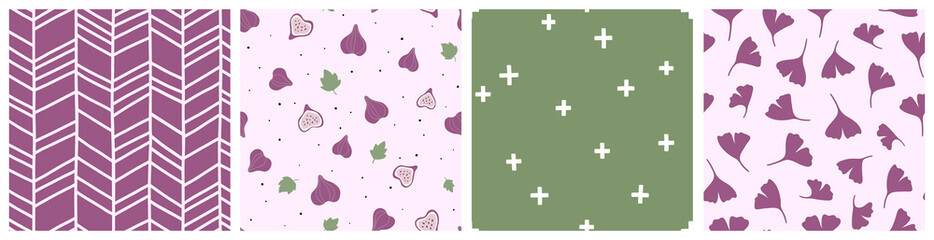 Seamless pattern with figs, plants and abstract elements. Vector backgrounds with hand drawn fruits, branches, abstract shapes. Creative texture for fabric, textile