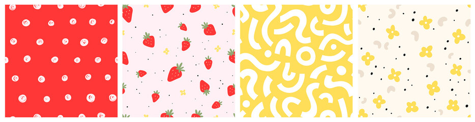 Seamless pattern with flowers, strawberries and abstract elements. Vector backgrounds with hand drawn plants, berries, abstract shapes. Creative texture for fabric, textile