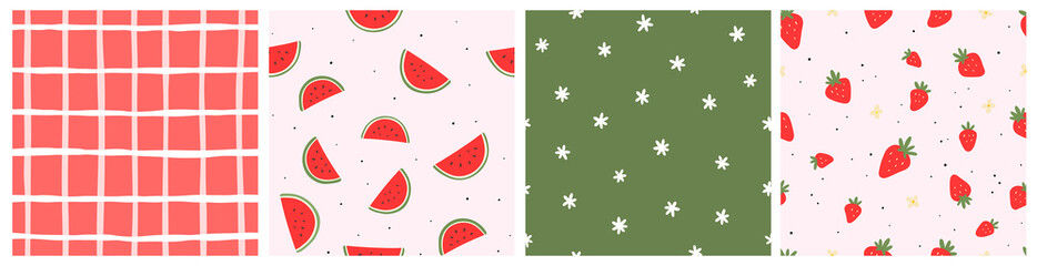 Seamless pattern with watermelon, strawberries and abstract elements. Vector backgrounds with hand drawn fruits, flowers, berries, checkered pattern. Creative texture for fabric, textile - 502747784