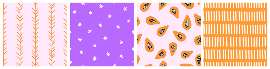 Seamless pattern with papaya fruit and abstract elements. Vector backgrounds with hand drawn  plants, abstract shapes. Creative texture for fabric, textile