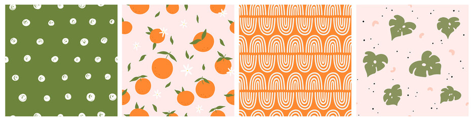 Custom vertical slats with your photo Seamless pattern with oranges, monstera leaves and abstract elements. Vector backgrounds with hand drawn fruits, plants, rainbows, dots. Creative texture for fabric, textile
